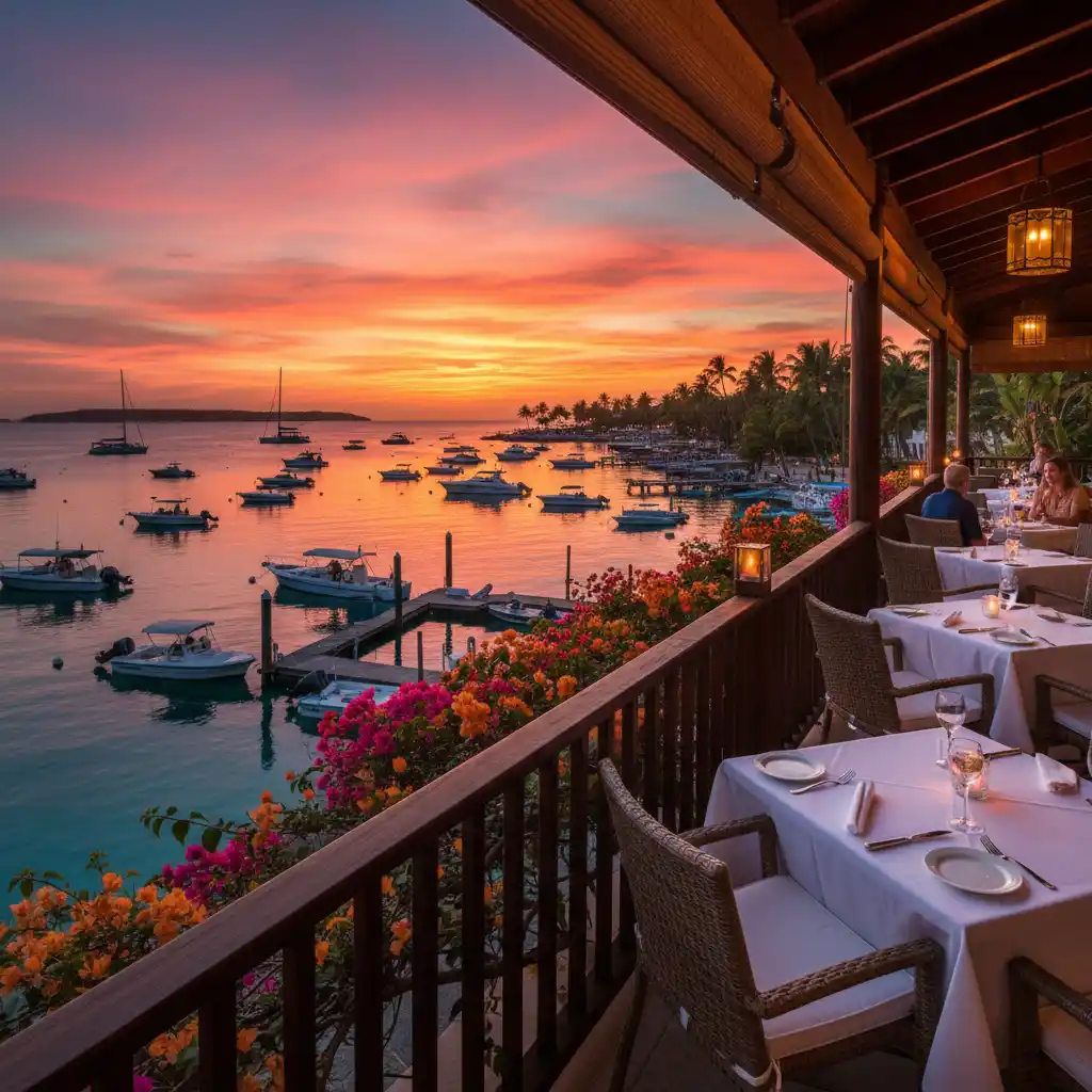 Waterfront dining in Port Vila harbour at sunset