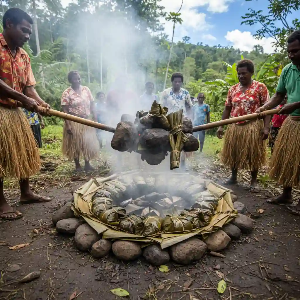 Vanuatu custom dining earth oven being opened