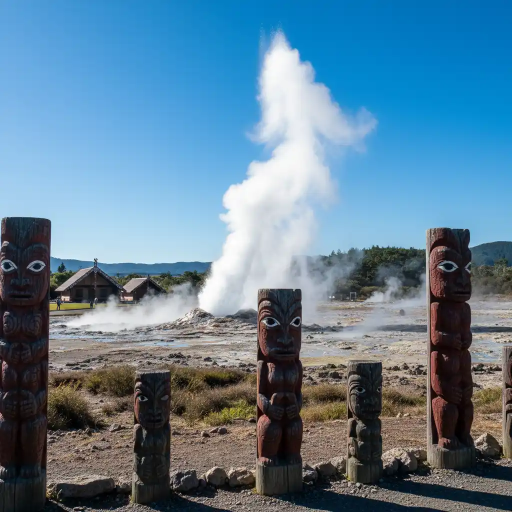 Te Puia geothermal park with Pōhutu Geyser erupting in Rotorua