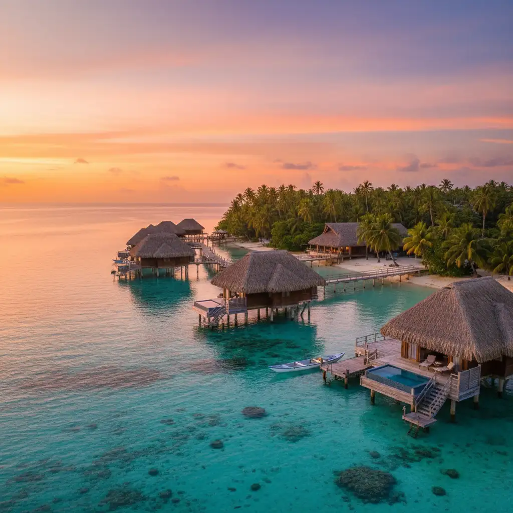 Luxury overwater bungalows at Holiday Inn Resort Vanuatu during sunset