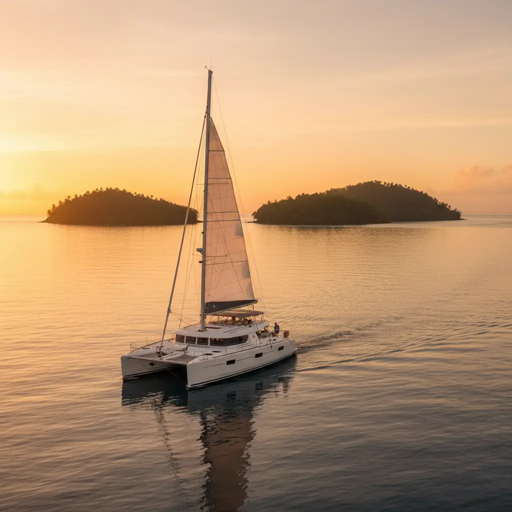 Luxury sunset cruise Port Vila catamaran at golden hour