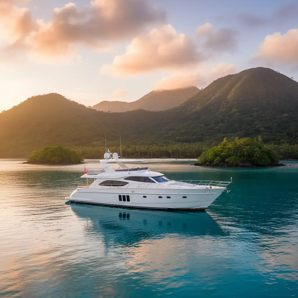 Luxury motor yacht anchored in a secluded Vanuatu bay
