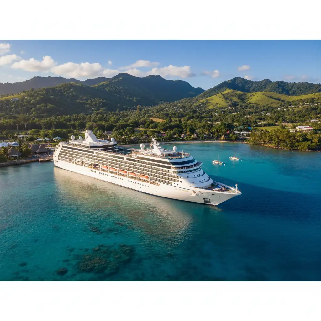 Cruise ship docked in Port Vila harbor for shore excursions