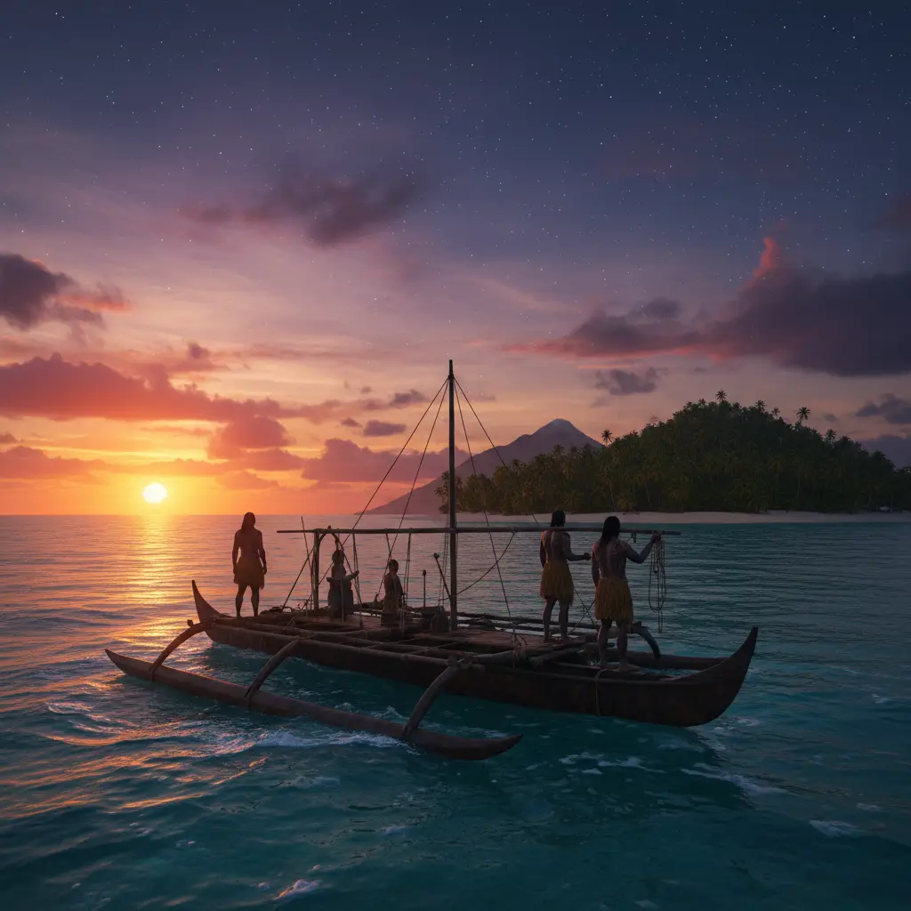 Recreation of a Lapita migration canoe arriving in ancient Vanuatu