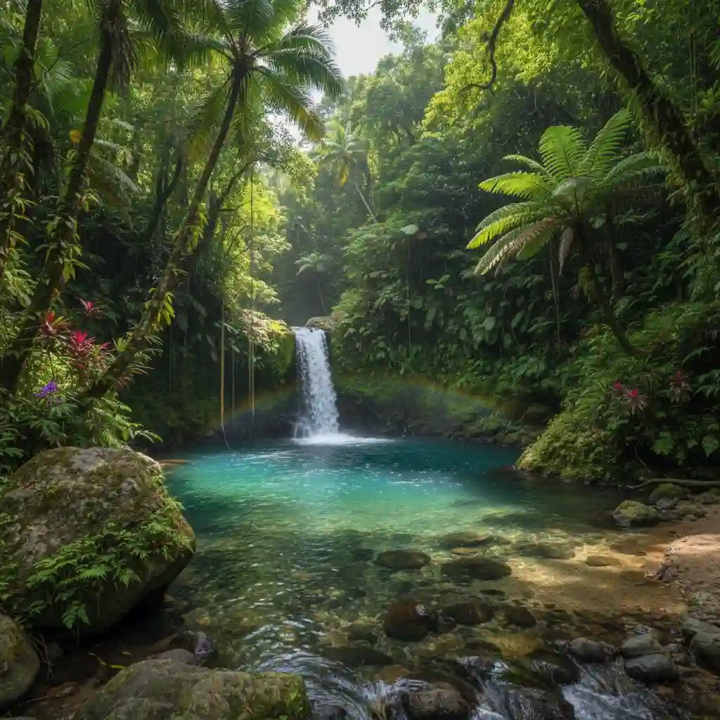 Lush tropical waterfall in Vanuatu jungle