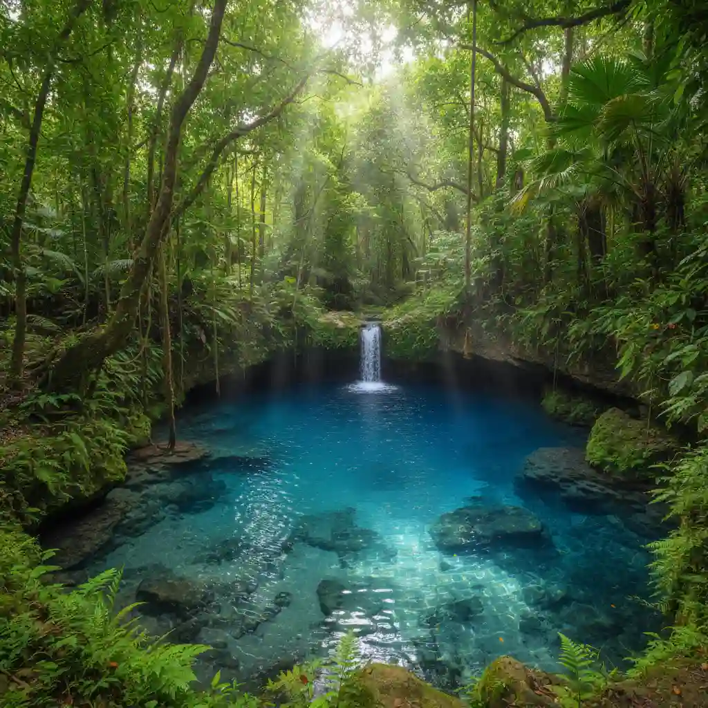 Aerial view of a vibrant Vanuatu blue hole surrounded by dense tropical rainforest