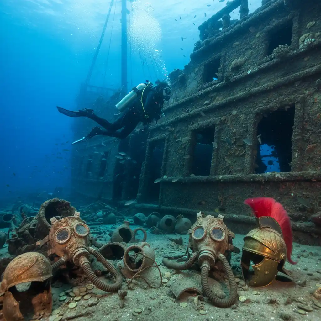 Scuba diver exploring historical artifacts on the SS President Coolidge wreck