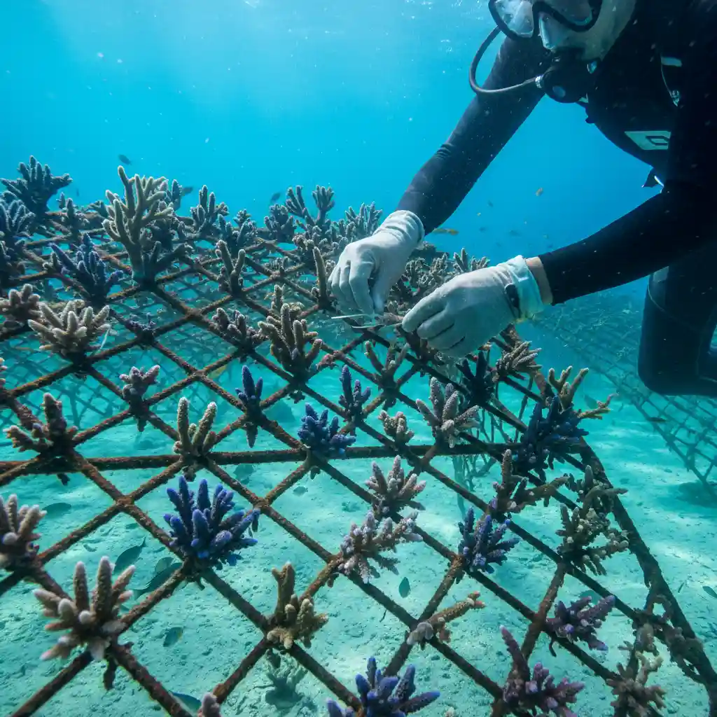 Volunteer attaching coral fragments to an underwater nursery frame in Vanuatu