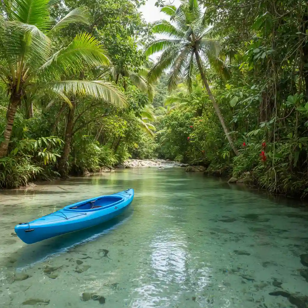 Kayaking on the turquoise river leading to Mele Cascades