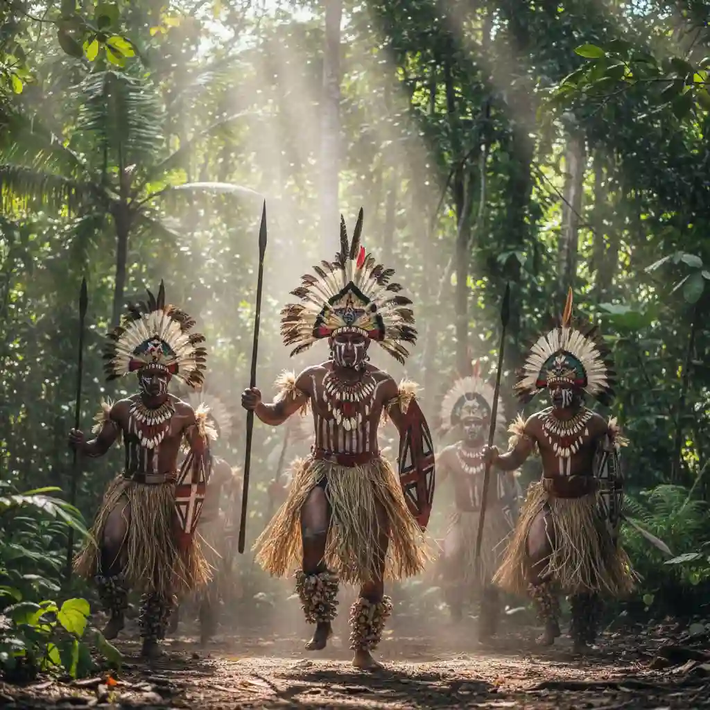 Traditional Ni-Vanuatu dancers performing in a forest clearing