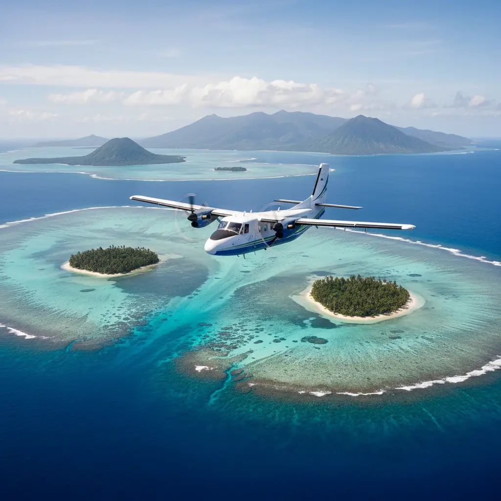 Direct flight to Vanuatu over blue lagoons