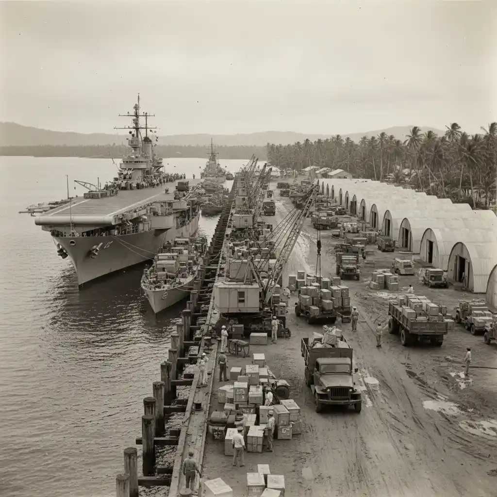US Navy ships docking at Espiritu Santo during World War II