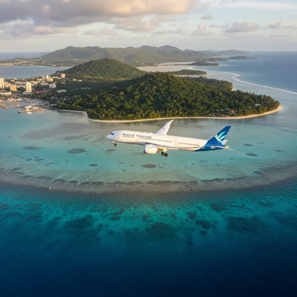 Commercial flight landing in Port Vila Vanuatu