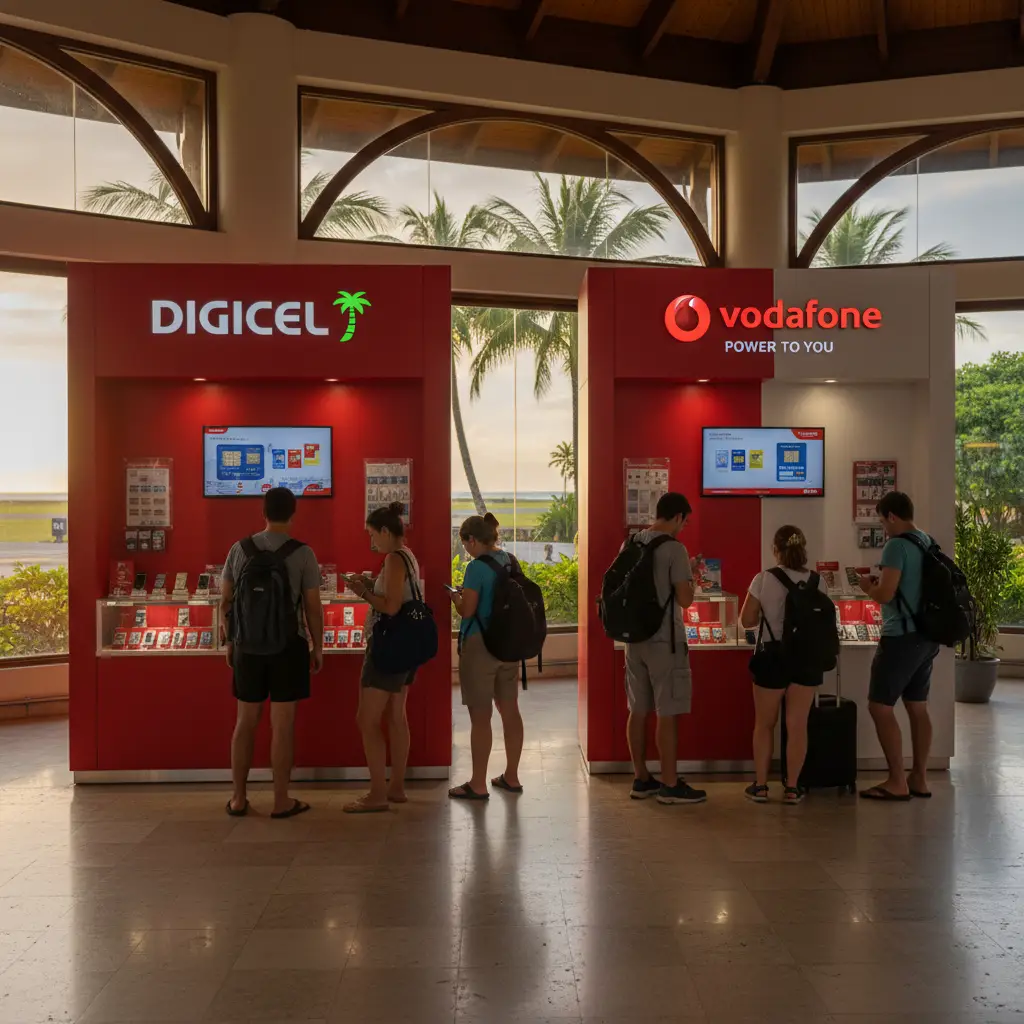 Digicel and Vodafone kiosks at Vanuatu airport