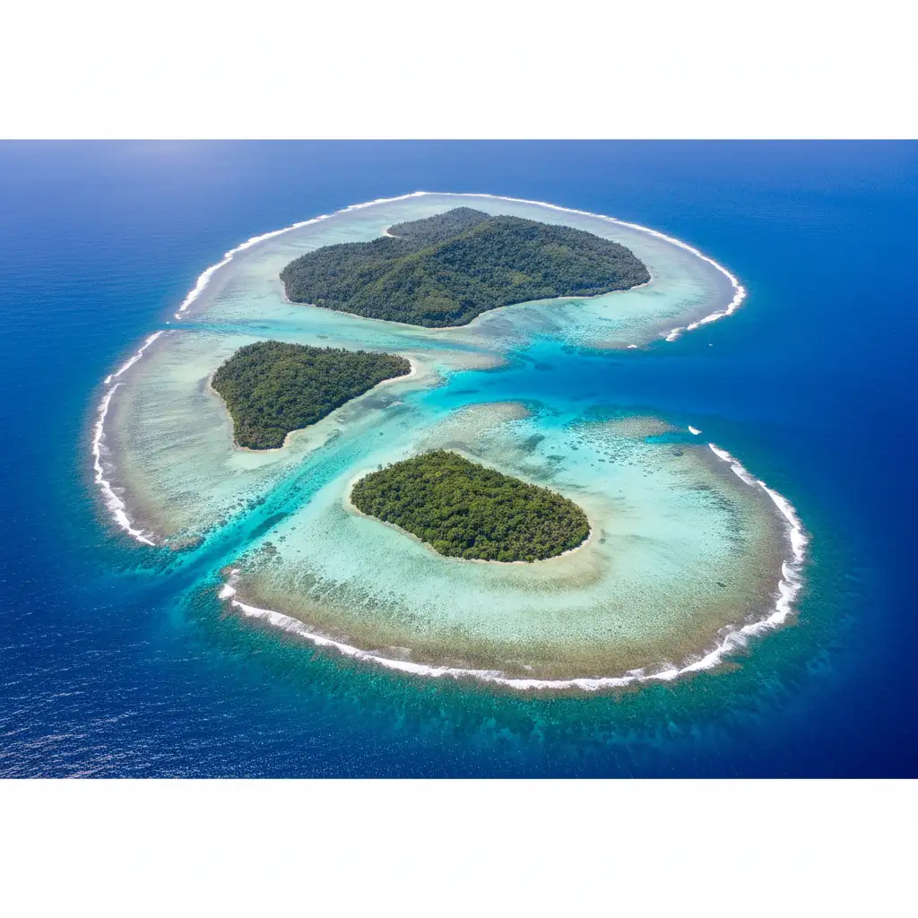 Aerial view of Vanuatu islands and coral reefs