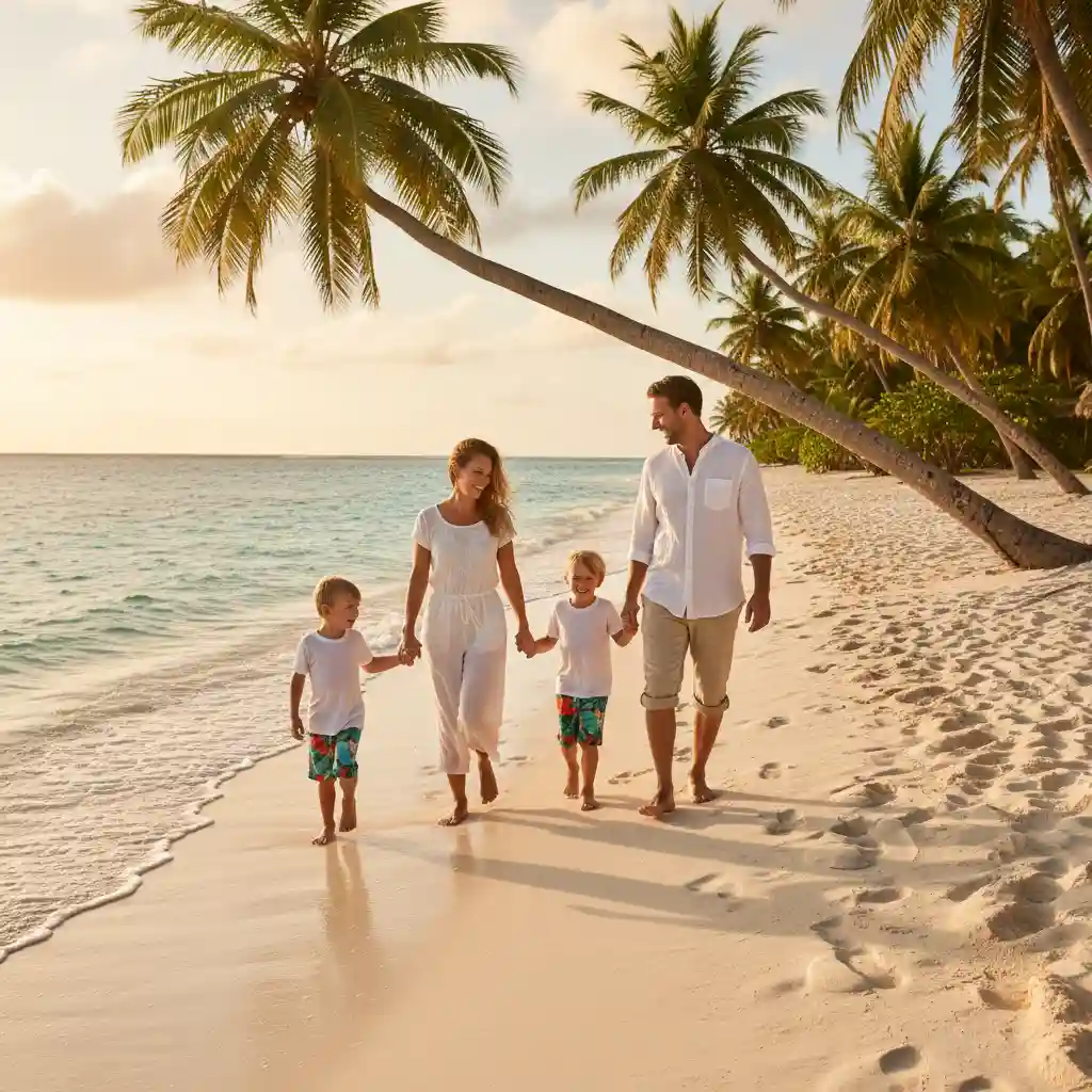 Family walking on a white sand beach during a Vanuatu family holiday