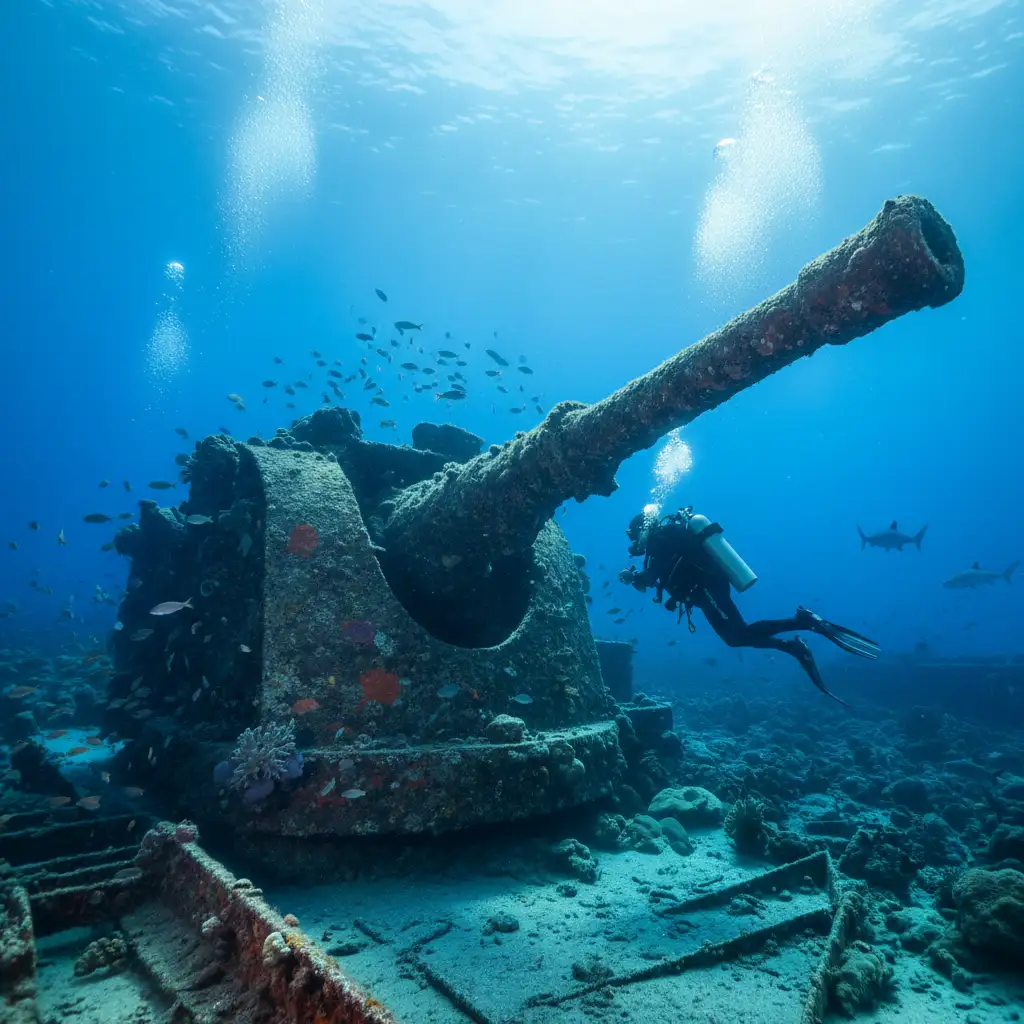 Diver examining the bow gun on the SS President Coolidge wreck in Espiritu Santo