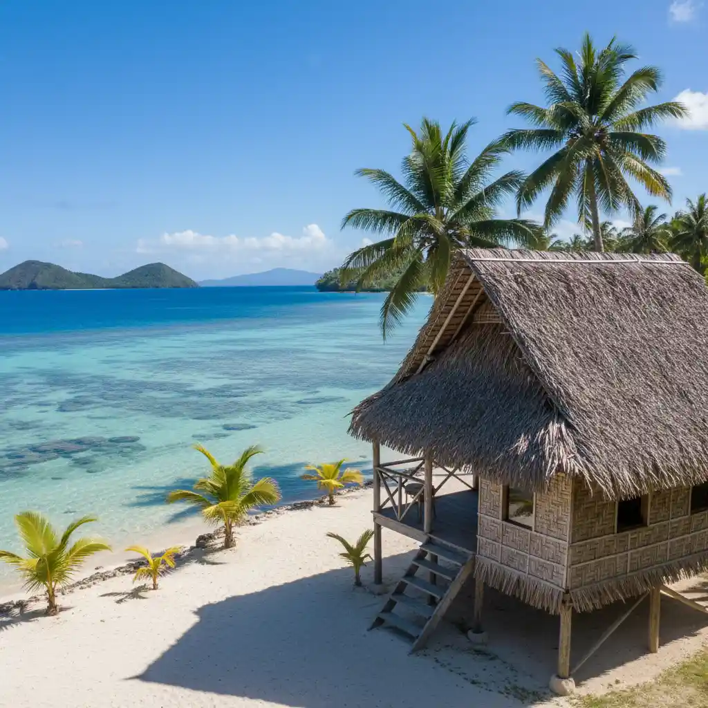 Traditional Vanuatu beach bungalow on the coast