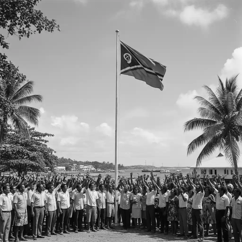 Raising the flag of Vanuatu during 1980 independence ceremony