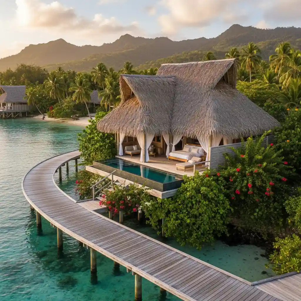 Luxury eco lodge bungalow over water in Vanuatu