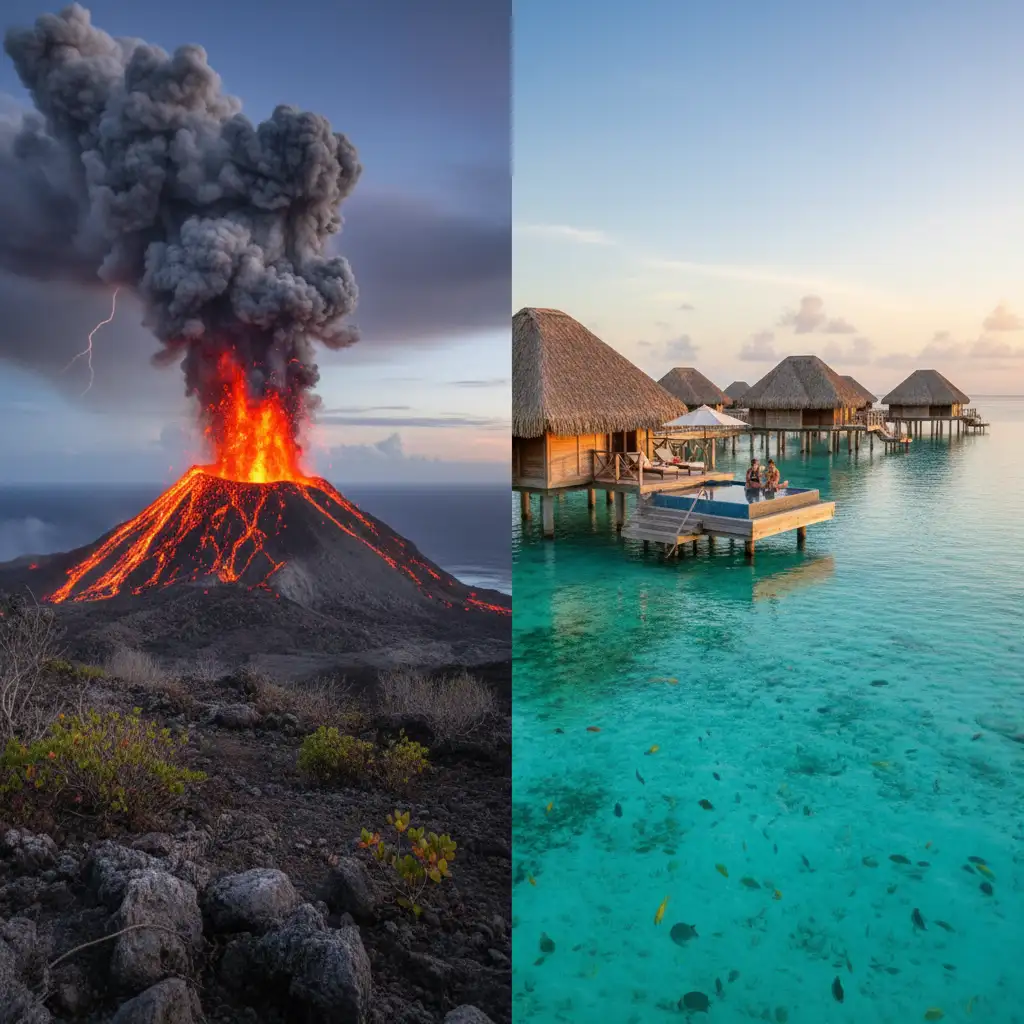 Visual comparison of Vanuatu's rugged adventure versus Fiji's luxury relaxation