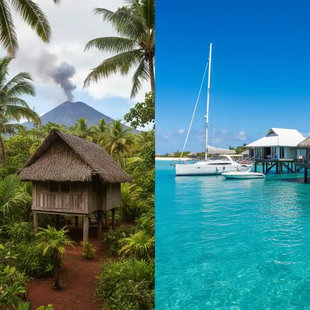 Visual comparison of Vanuatu ruggedness versus New Caledonia luxury