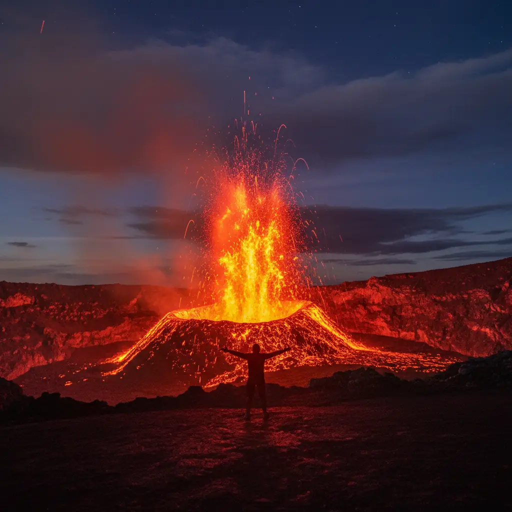 Mt Yasur volcano erupting at twilight with lava bombs