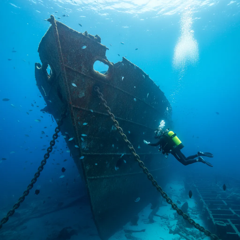 Diver exploring the bow of the SS President Coolidge