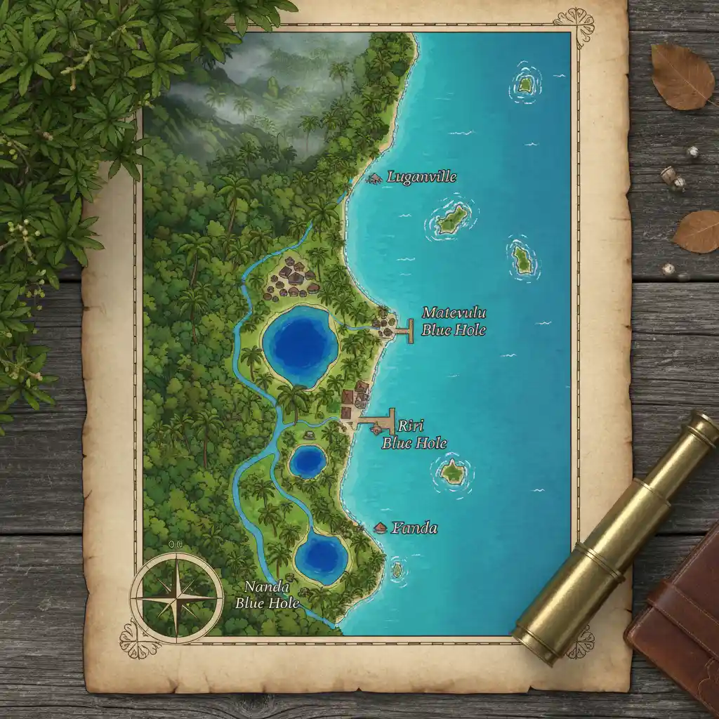 Blue holes Vanuatu map showing locations of Matevulu, Riri, and Nanda pools