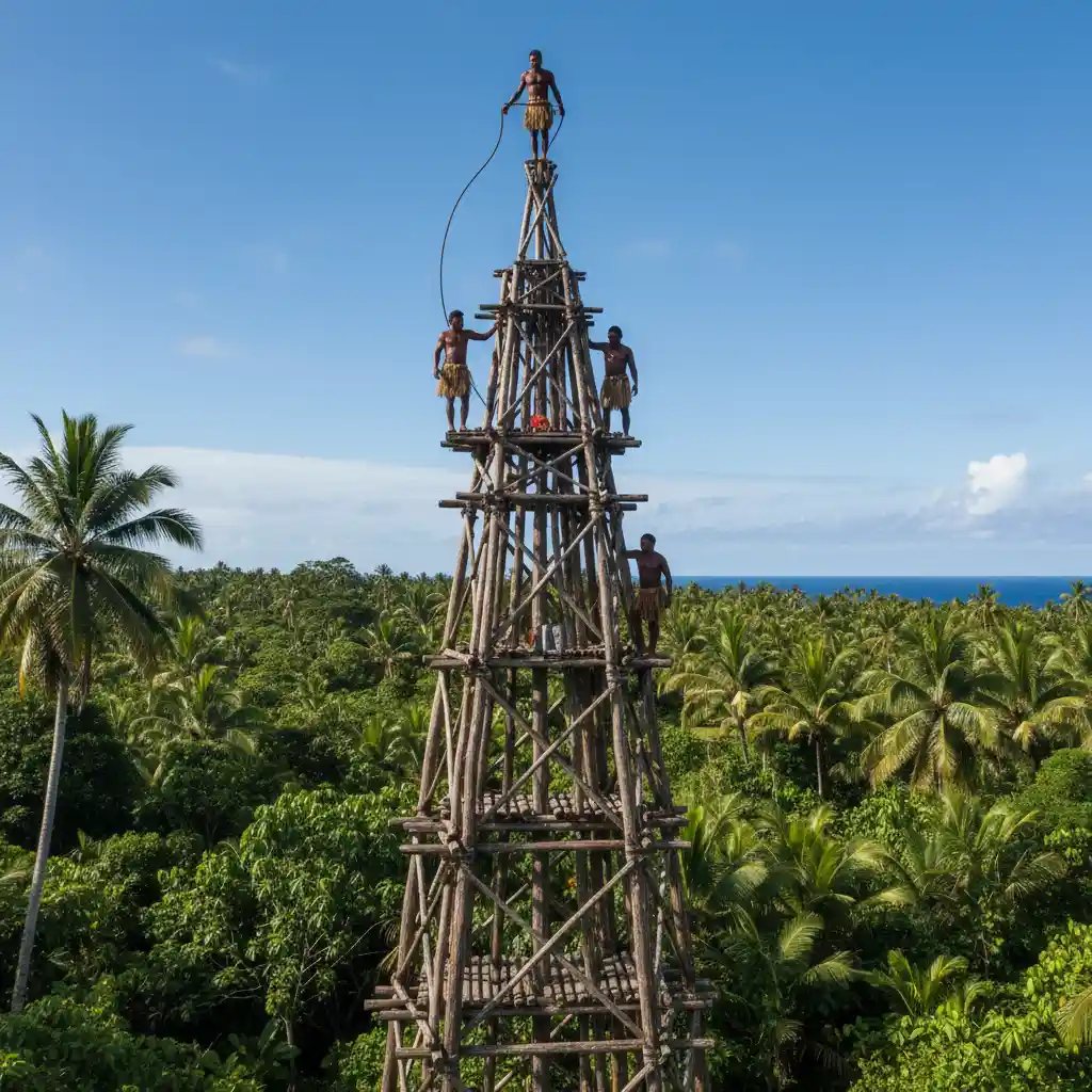 Traditional Naghol land diving tower on Pentecost Island
