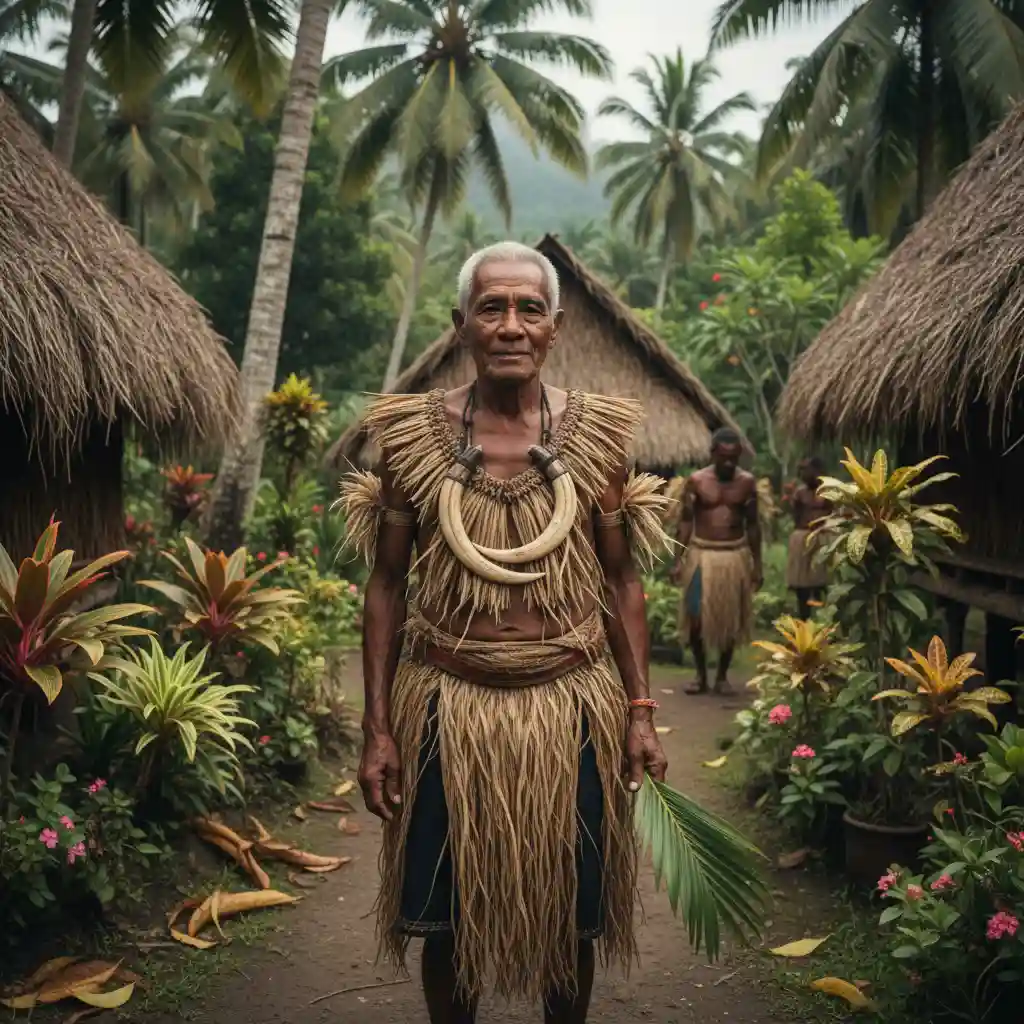 Vanuatu traditional chief wearing ceremonial regalia and holding namele leaf