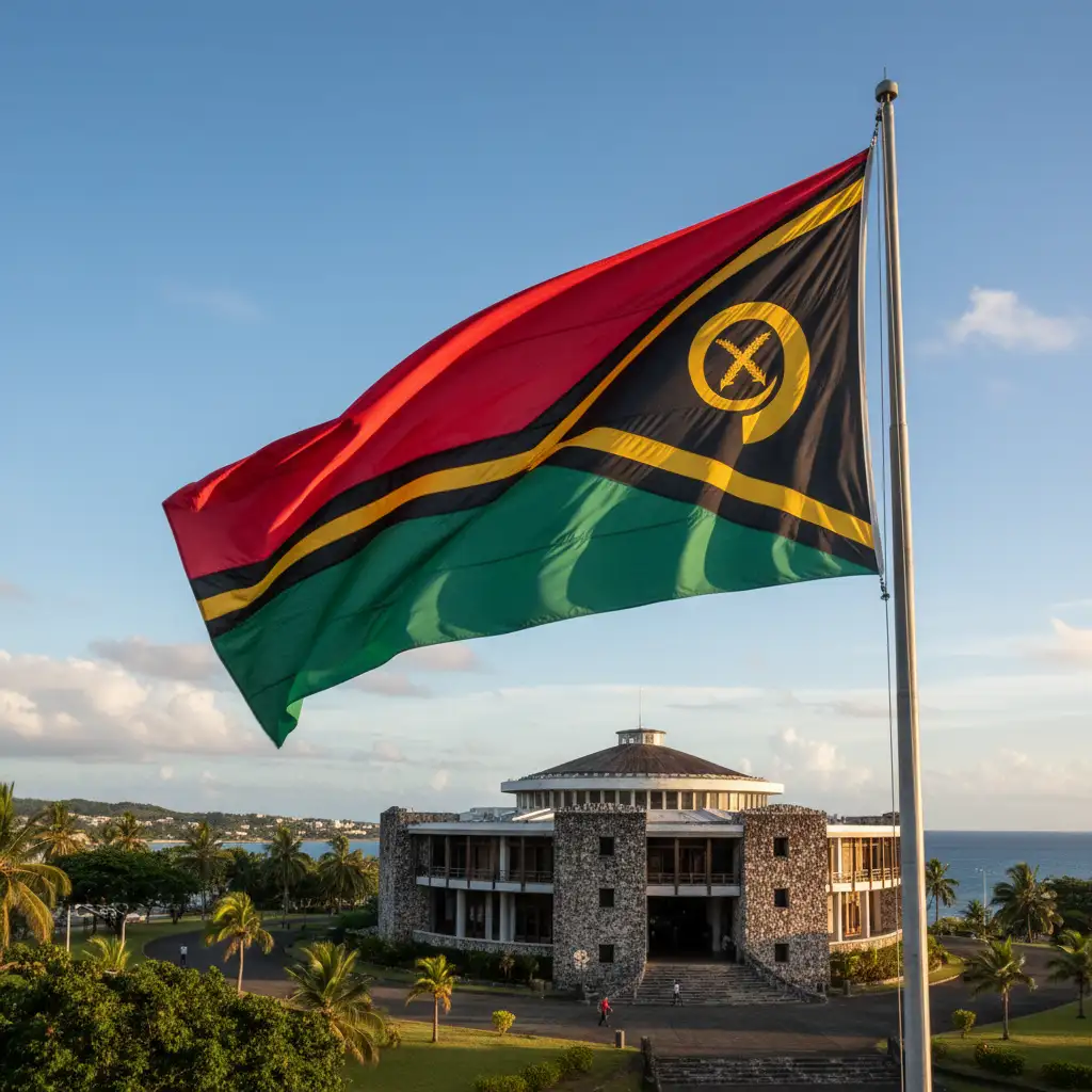 Vanuatu Parliament building featuring the national flag