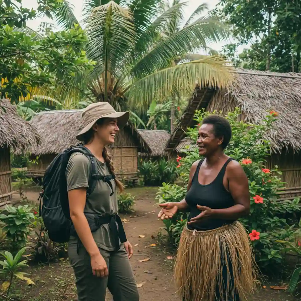 Ni-Vanuatu local conversing with a traveler