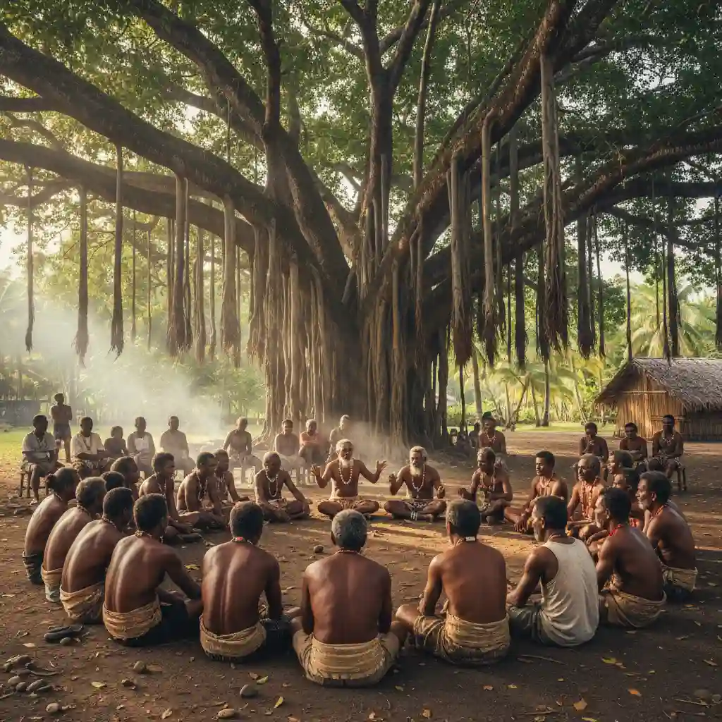 Traditional village meeting in Vanuatu showing respectful listening