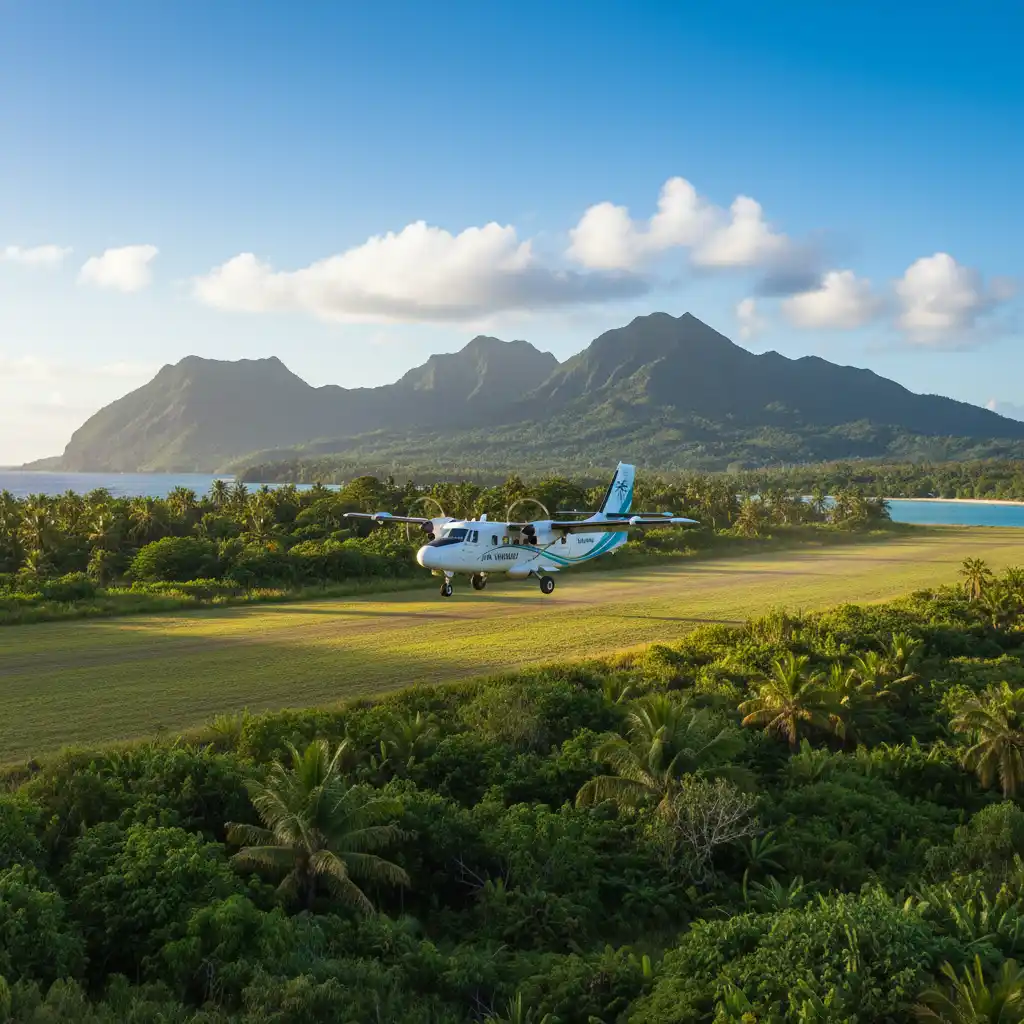 Air Vanuatu domestic plane landing on a grass airstrip