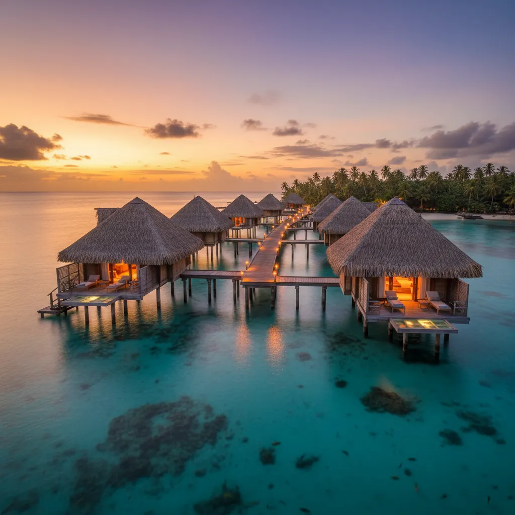 Luxury overwater bungalow accommodation in Vanuatu at sunset