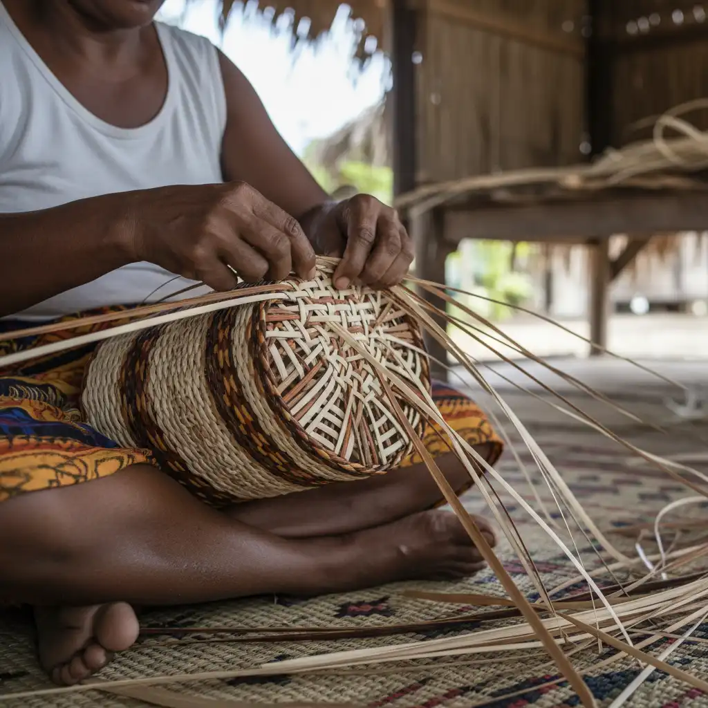 Ni-Vanuatu woman weaving pandanus basket