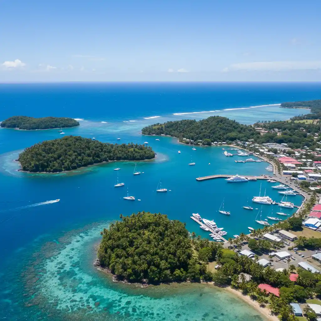 Aerial view of Port Vila harbor and Efate coastline