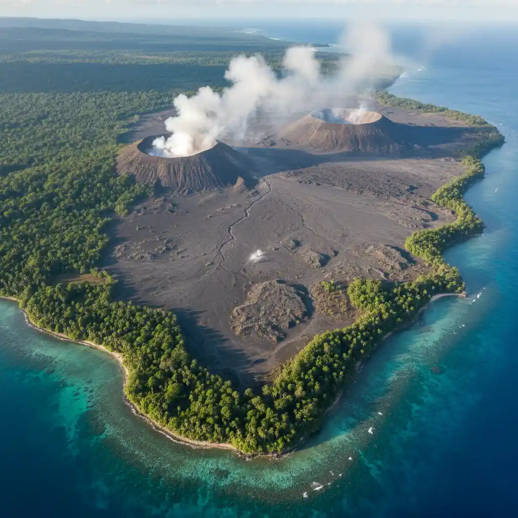 Aerial view of Ambrym Island showing volcanic ash plains and jungle