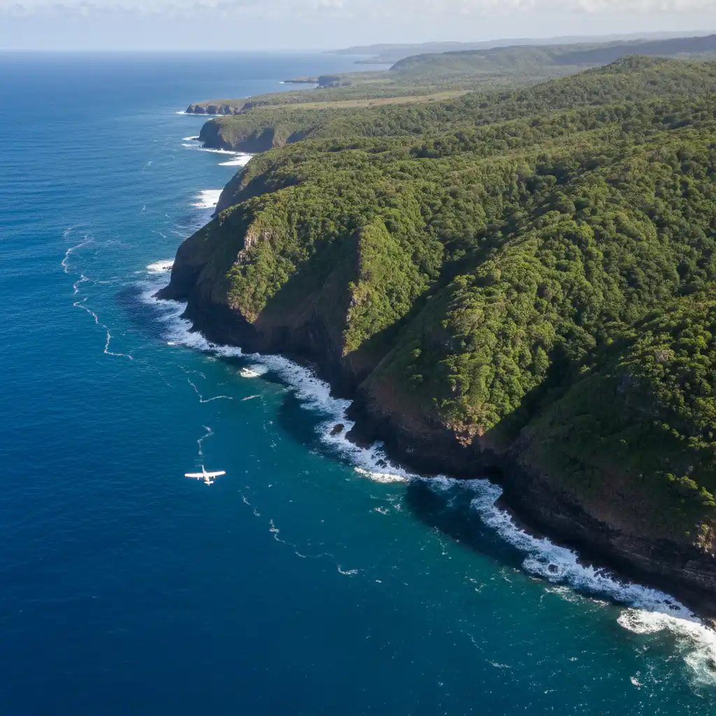 Aerial view of Erromango Island rugged coastline and lush vegetation