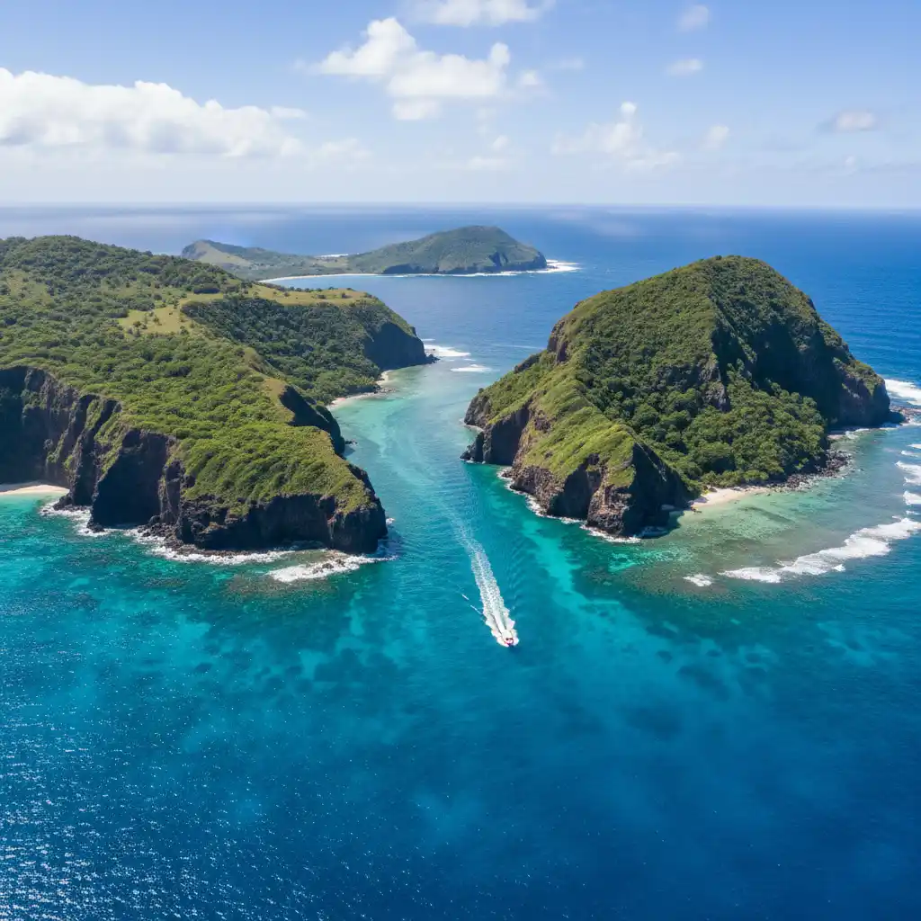 Aerial view of the Shepherd Islands showing volcanic topography