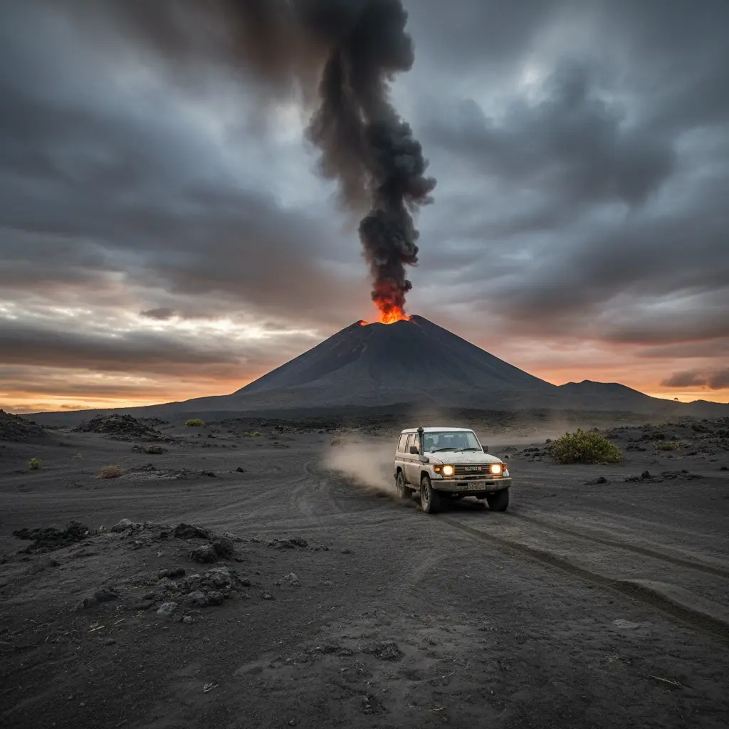 4WD vehicle crossing the Ash Plain towards Mount Yasur volcano
