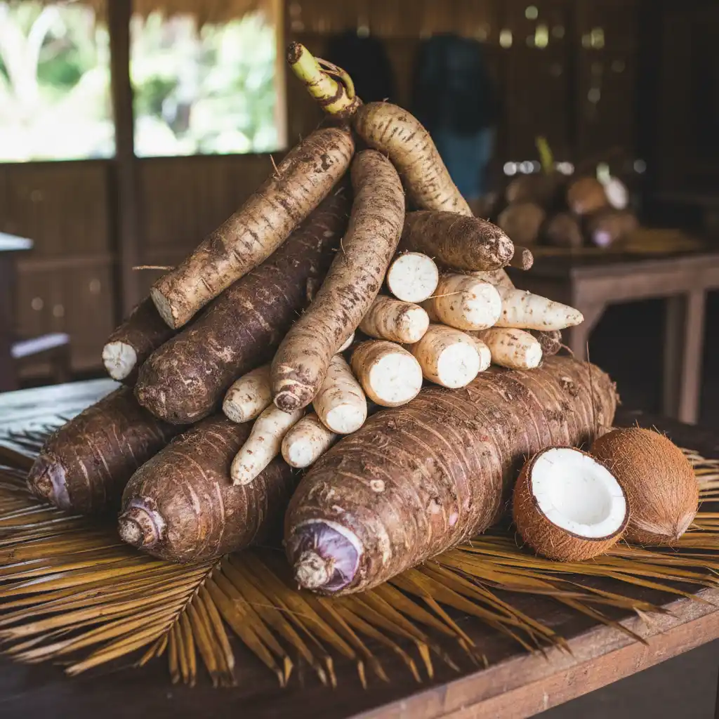 Fresh organic root crops taro yam and manioc in Vanuatu