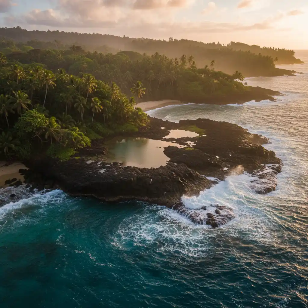Rugged coastline of a remote Vanuatu island showing black volcanic rocks and jungle