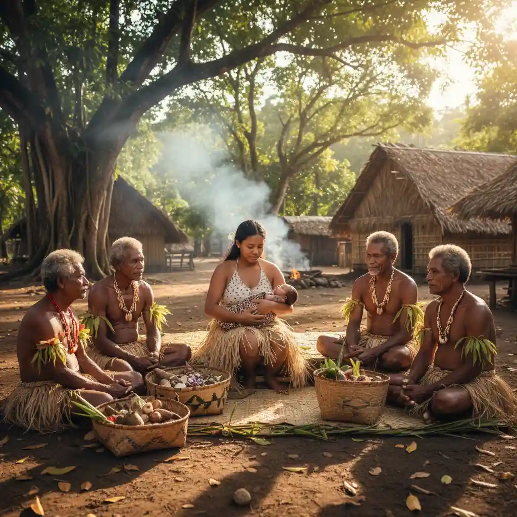 Traditional Vanuatu naming ceremony with mother and child wrapped in mats