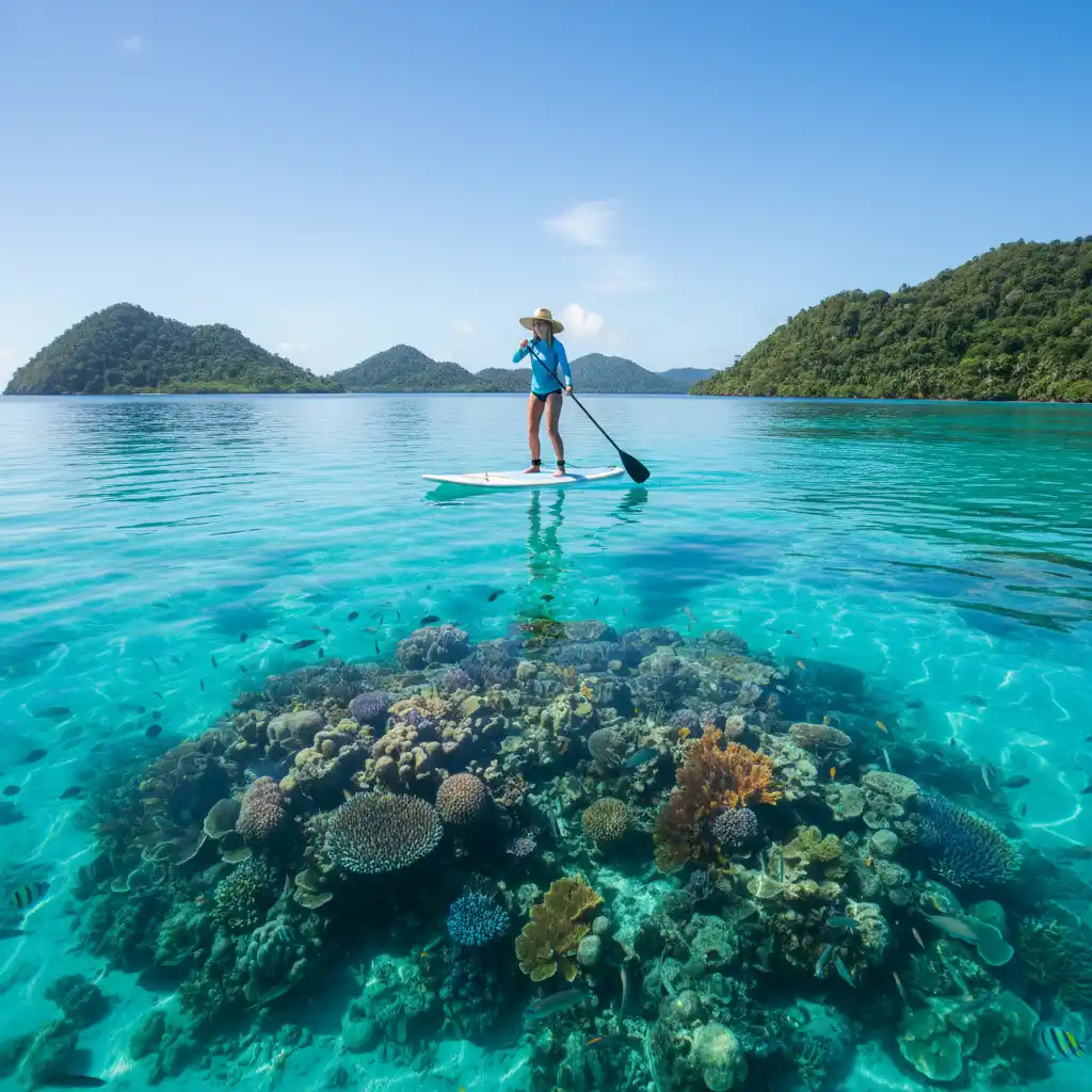 Paddleboarder on clear Vanuatu water with coral reef visible