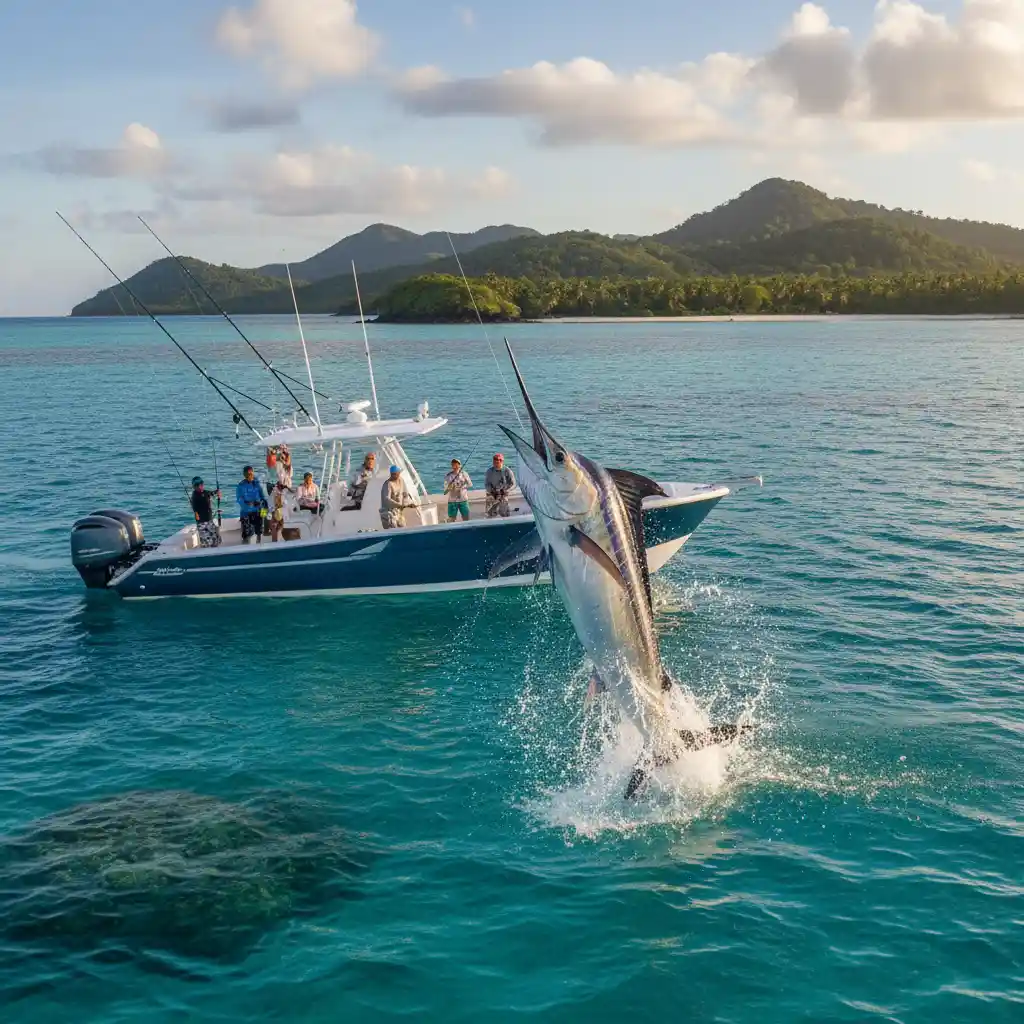 Blue marlin jumping near a fishing charter in Vanuatu