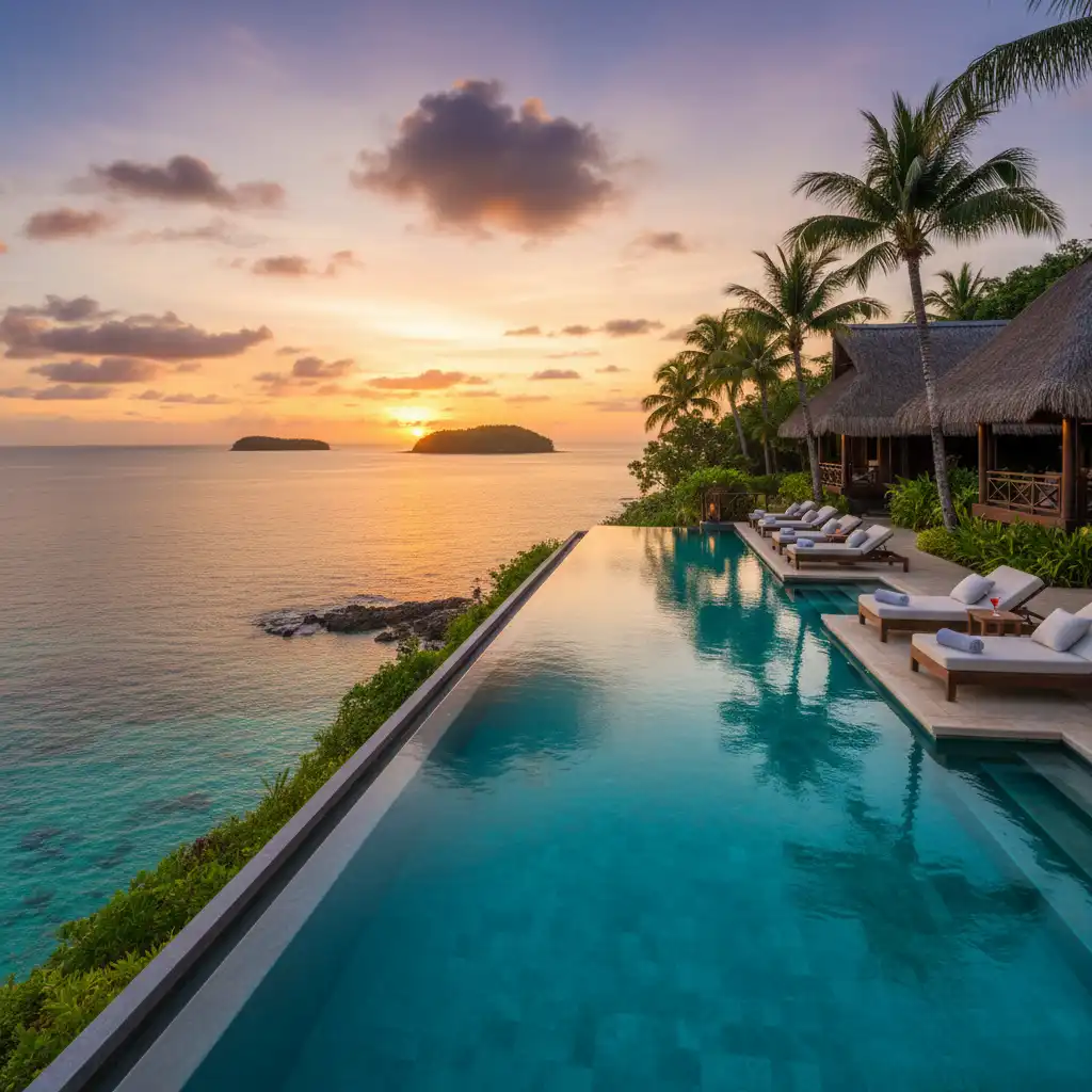 Luxury resort in Vanuatu with infinity pool and sunset view