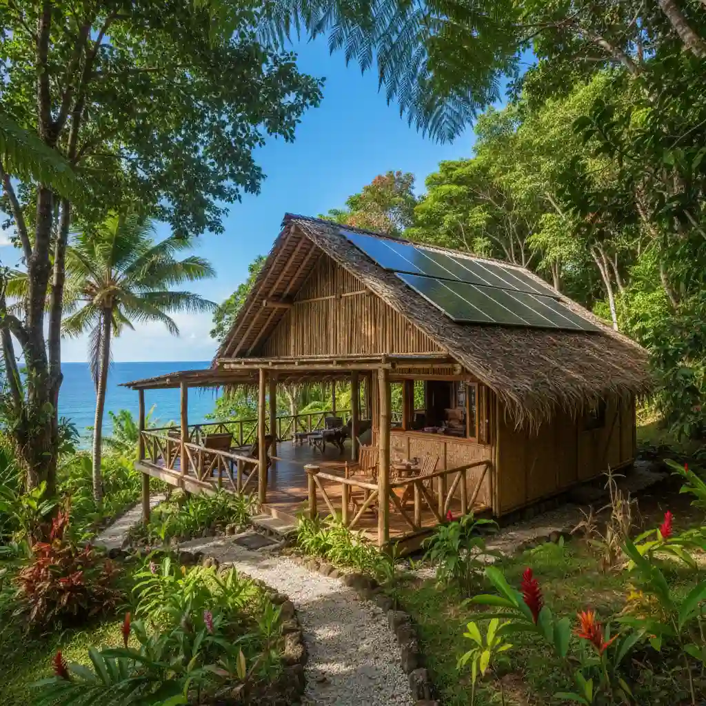 Traditional Vanuatu eco-lodge with integrated solar panels