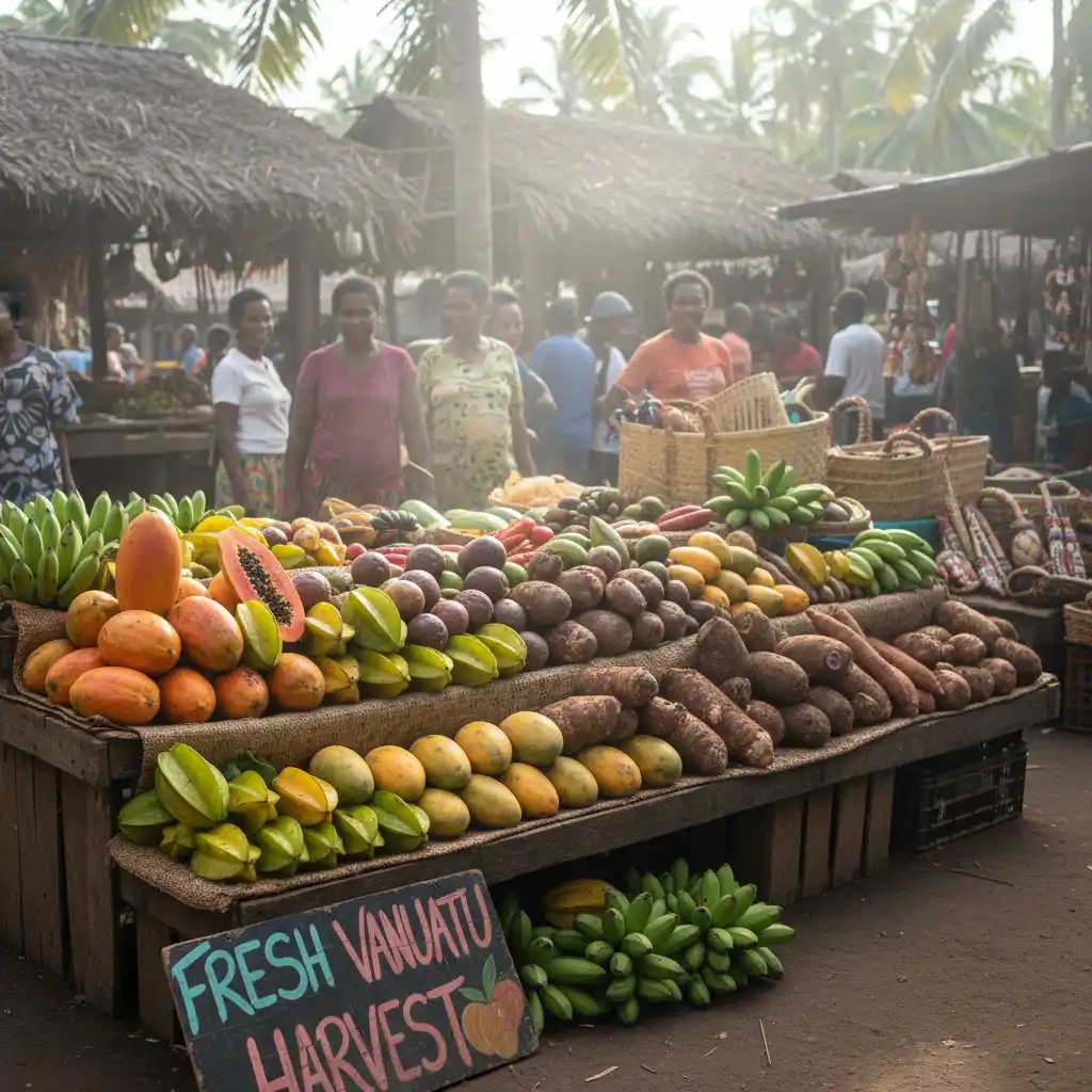 Vegan food options in Vanuatu with fresh tropical fruits and vegetables at a local market